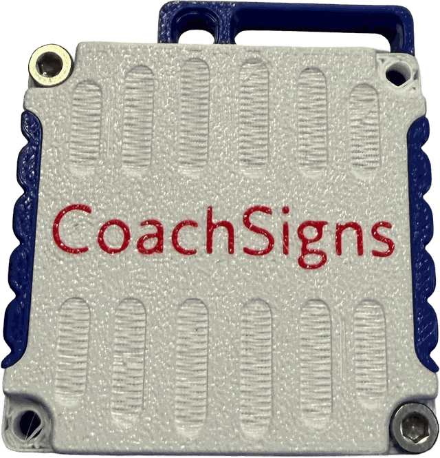 CoachSigns base station — rugged white case with royal blue grips and the CoachSigns name across the front
