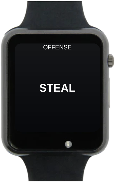 A CoachSigns player watch showing an OFFENSE STEAL sign in large white letters