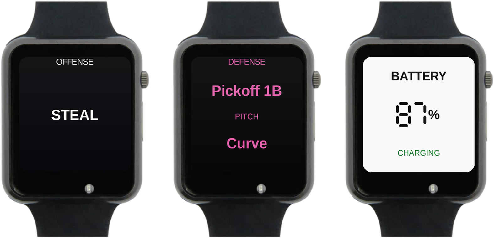 Three CoachSigns player watches side by side showing the three display themes: a Dark theme reading OFFENSE STEAL, a Pink theme reading DEFENSE Pickoff 1B and PITCH Curve, and a Light theme showing the battery at 87 percent charging